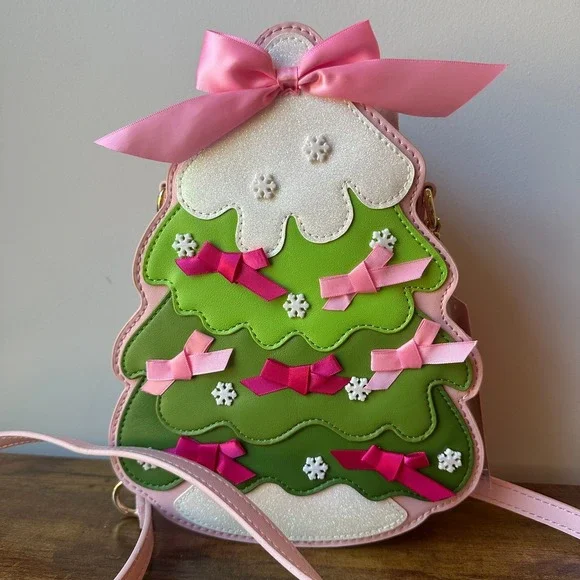 New Betsey Johnson Christmas Tree Crossbody Handbag Pink Ribbon Snow Cute - Picture 2 of 5